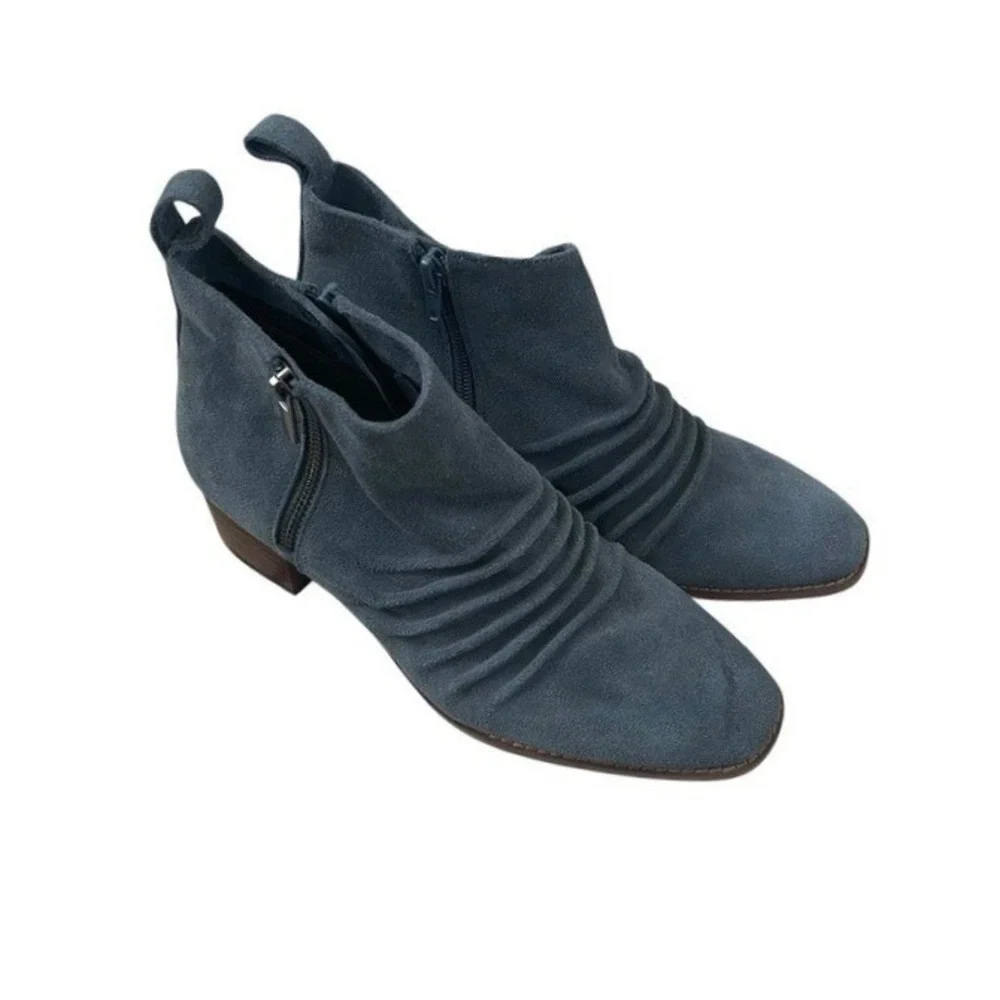 Blue Suede Ruched Ankle Boots Side Zip Block Heel Women‎ Shoes Size 7.5